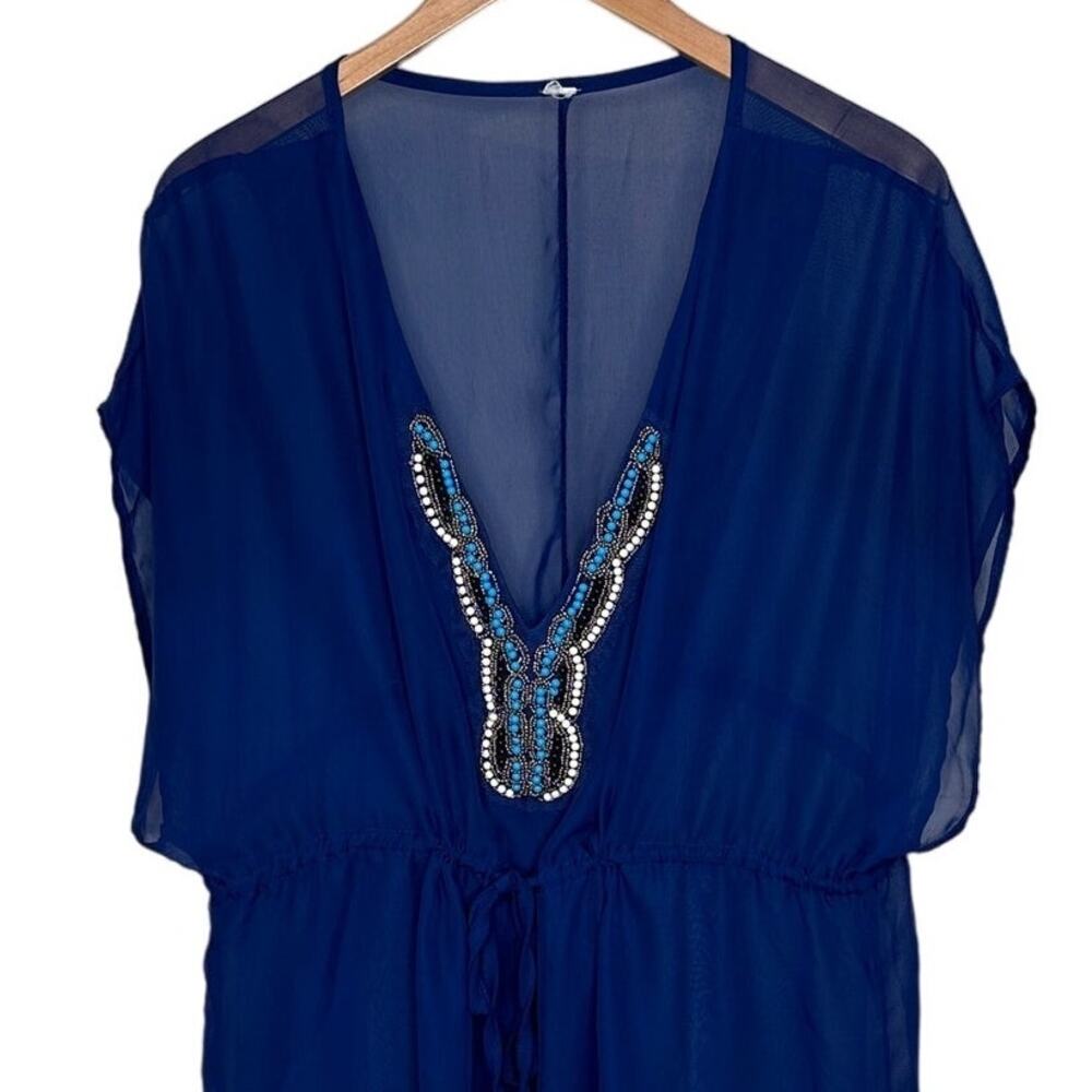 Semi Sheer Swimsuit Cover Up Navy Beautiful Beaded Front Detail - Picture 3 of 3
